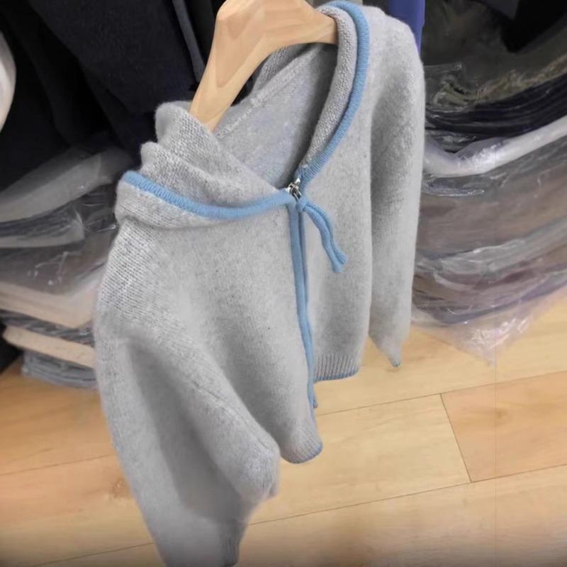 

Вязаный кардиган из шерсти с капюшоном женский осенне-зимний новый контрастного цвета на молнии повседневный мягкий восковой свитер топ one size fits all серый