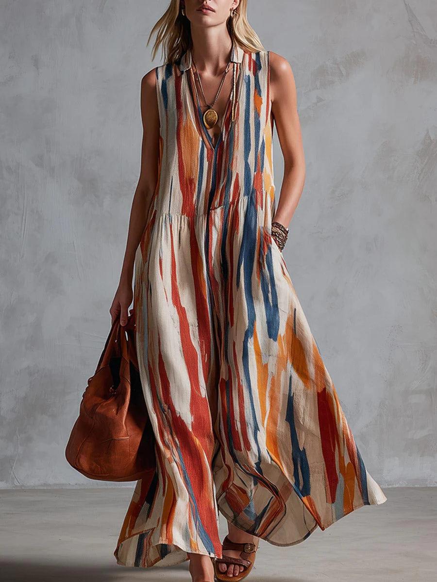 Women s Fashion Color Striped Sleeveless Deep V-Neck Off-Shoulder Dress S