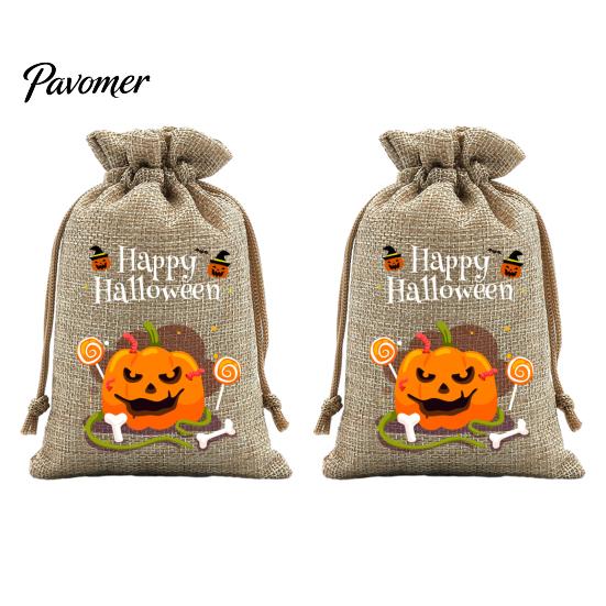 Trick or Treat Party Souvenirs 2Pcs Halloween Pumpkin Drawstring Bags for Candy Treats, Retro Burlap Rustic Linen Goodie Bags, Portable Kids