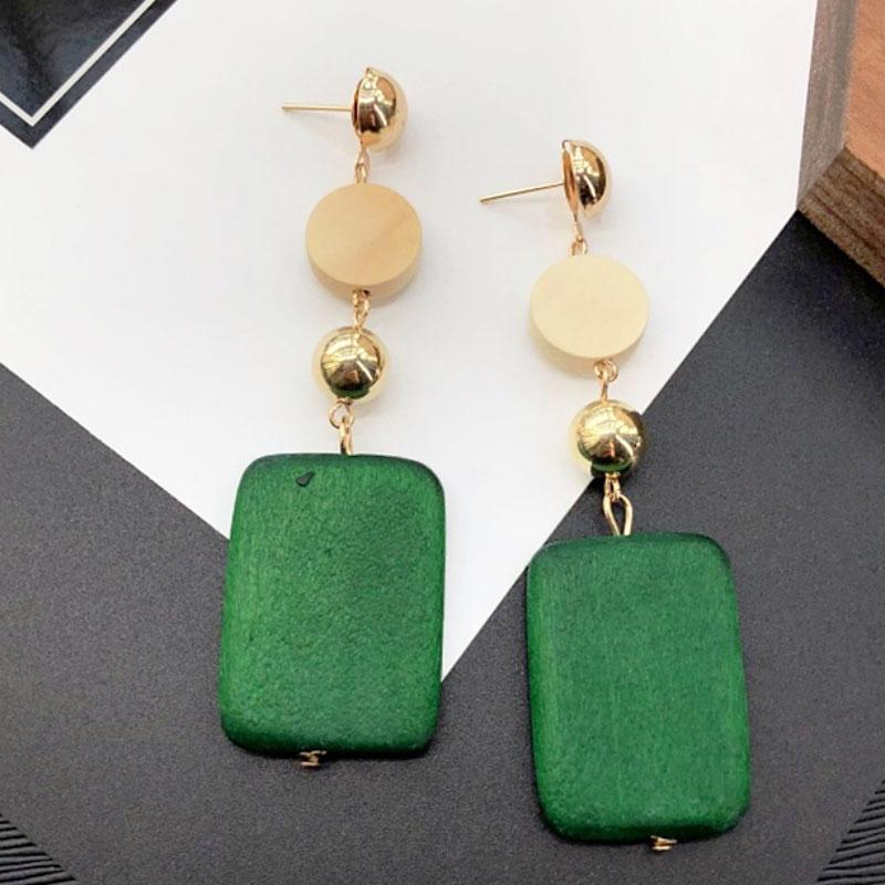 Green Square Pendants Wooden Hanging Earrings for Women Bohemian Long Exaggerated Drop Earrings Trendy Fashion Ear Zircon