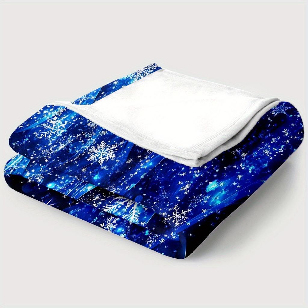 Blue Glitter Christmas Tree Flannel Throw Blanket, Shiny Snowflake Star Xmas Tree Print Soft Warm Blanket Sofa Bed Winter Holiday Home Decor