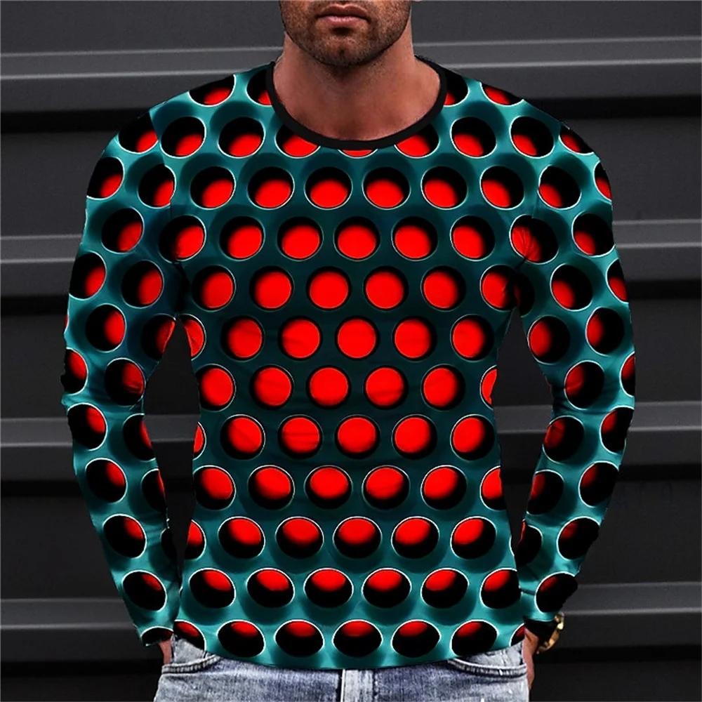 Fashionable Men's Printed T-shirt Optical Illusion Round Neck Long Sleeved Street Harajuku Exaggerated Designer Round Neck Top
