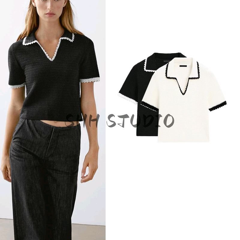 MD New Women's Clothing Classic Style Elegant Lady Creamy-white Crocheted Polo Collar Short Sleeve Knitwear 5731683