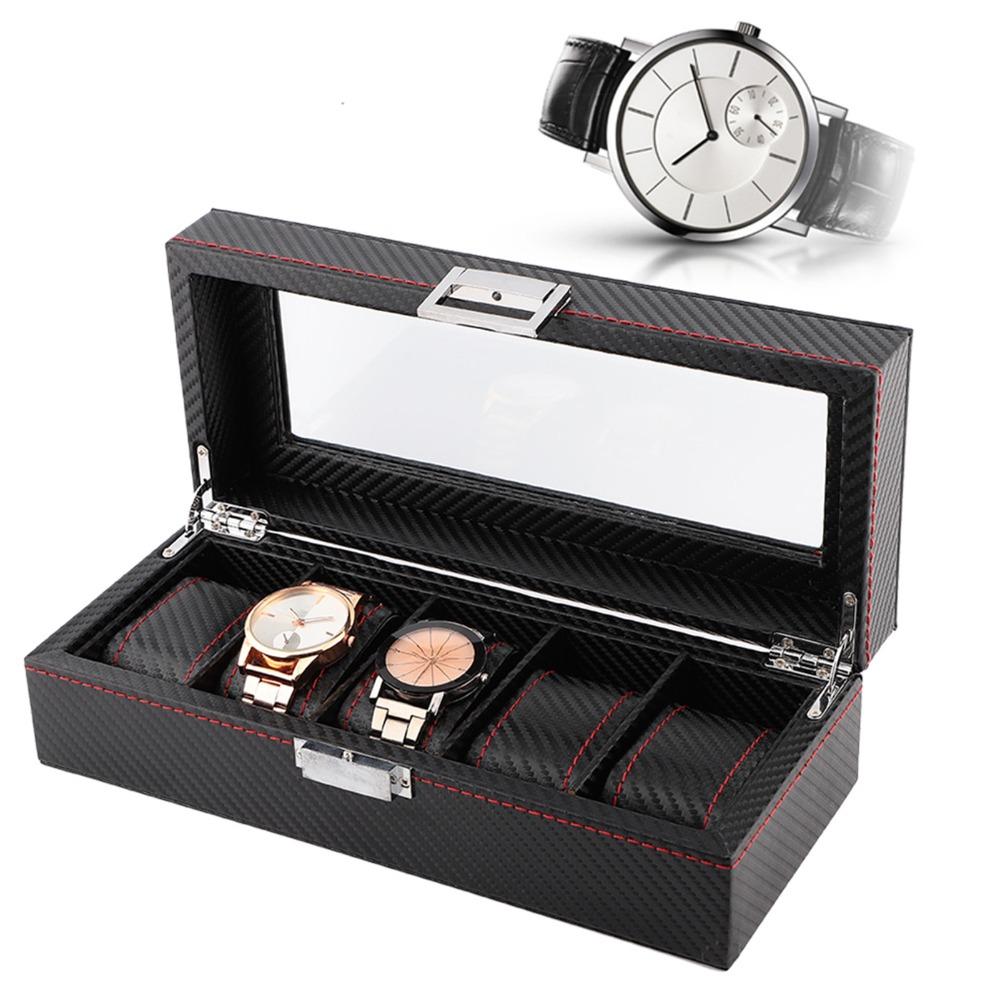5-Slot Watch Box Carbon Fiber Display Case Durable Watch Case Storage