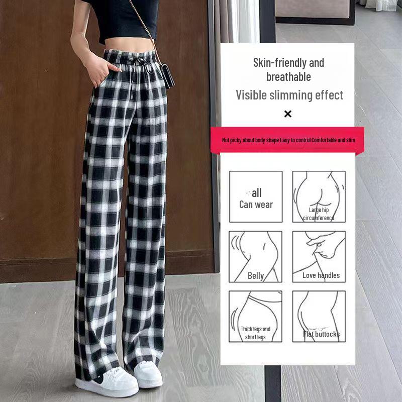 Women's High-Waist Plaid Wide-Leg Drape Pants - Black/White