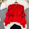 Fashionable Suit Female Retro Temperament Round Neck Ruffled Sweater Cardigan Jacket + High Waist Fish Tail Skirt Two Pieces