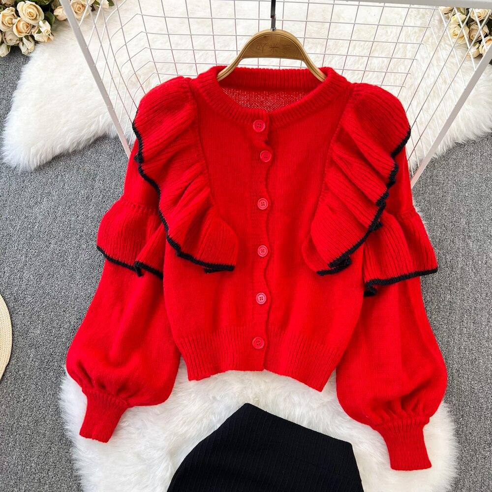 Fashionable Suit Female Retro Temperament Round Neck Ruffled Sweater Cardigan Jacket + High Waist Fish Tail Skirt Two Pieces