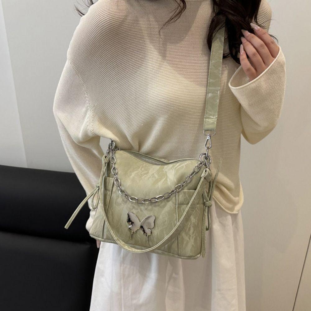 Pearls Chain Drawstring Shoulder Bag Butterfly Decor Girls Crossbody Bag Women