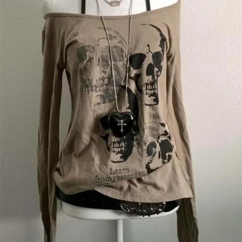Camisa estilo Harajuku holgada gótica con estampado de esqueleto para mujer, estilo vintage de primavera