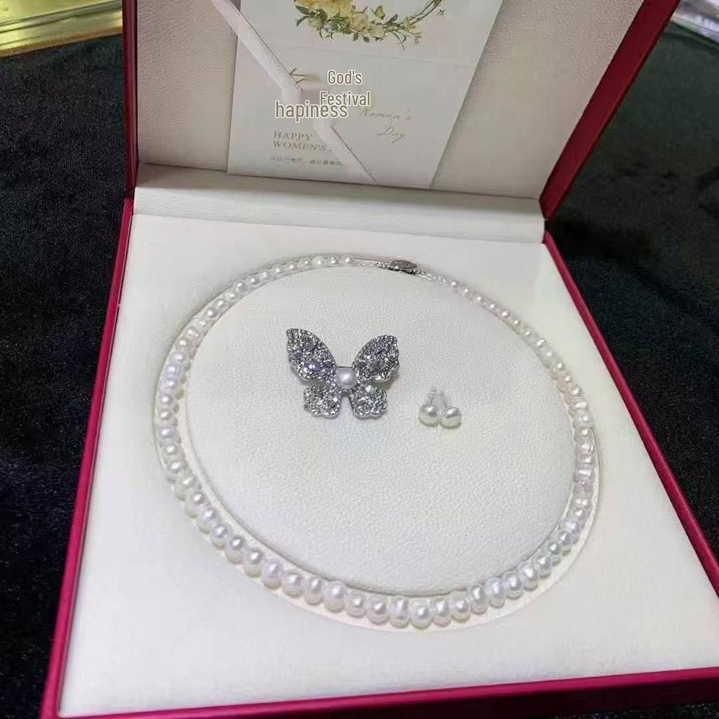 Mother's Day Pearl Jewelry Set: Necklace, Bracelet, & Butterfly Brooch for Mom
