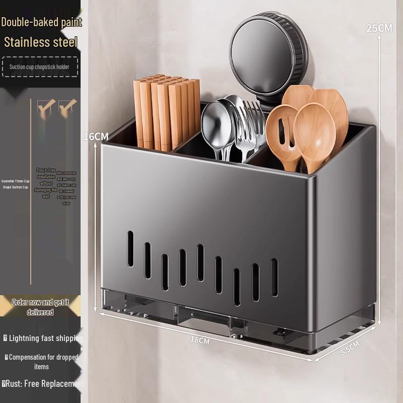 Wall-Mounted Stainless Steel Chopstick and Utensil Holder with Suction Cup