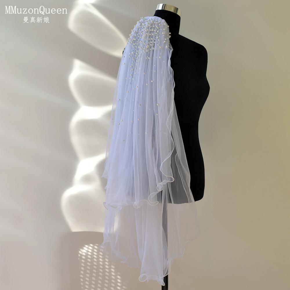 Wavy Edge Tulle Bridal Veil Mixed Size Scattered Pearl Hand Sewn Short Mid Length Wedding Veil With Comb For Strapless Gown Elopement Portrait Shoot