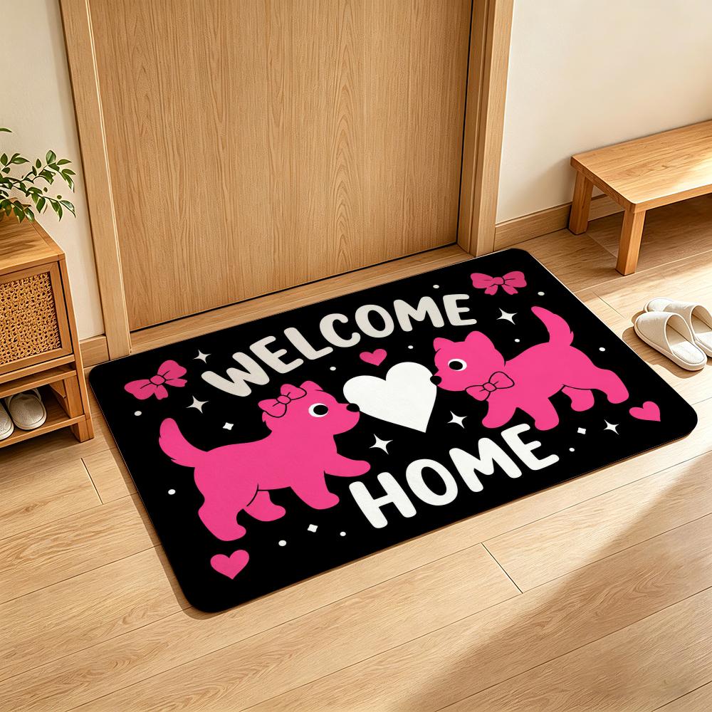 Pink Cute Dogs Paws Welcome Home Pet Doodle Theme Floor Mat Soft Flannel Non Slip Absorbent Entryway Bathroom Bedroom Garage
