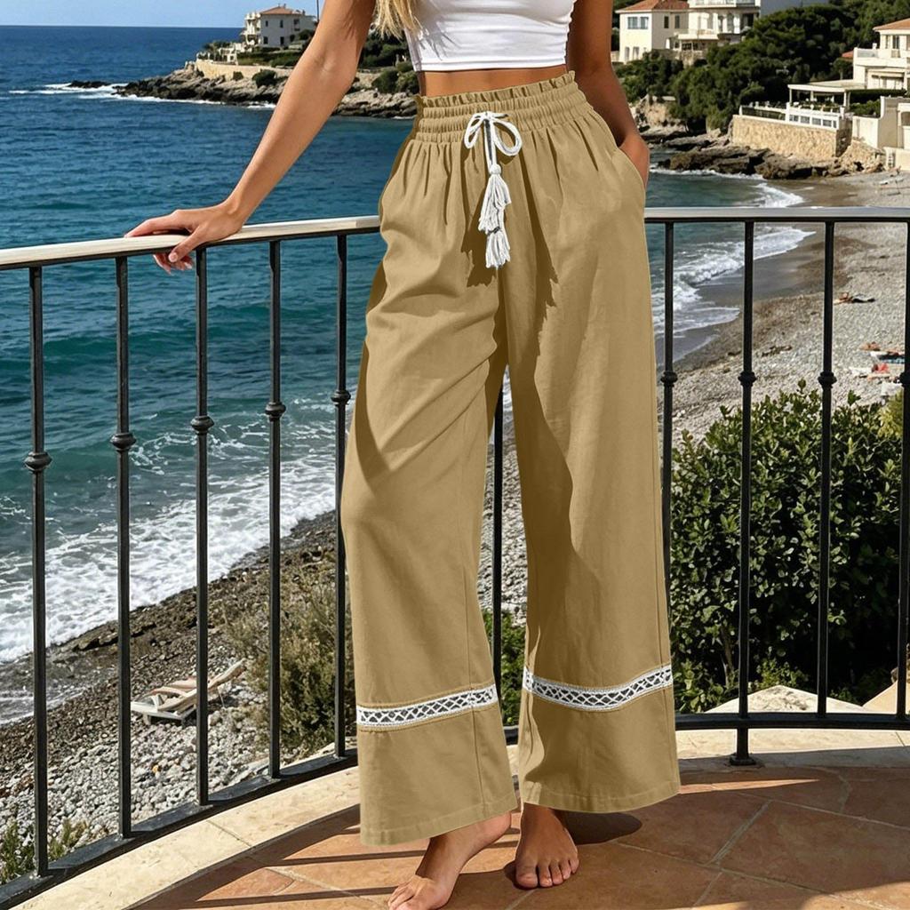 High Waist Loose Fit Wide Leg Pants with Hollow Out Detailing and Drawstring Waistband for Casual Relaxed Style