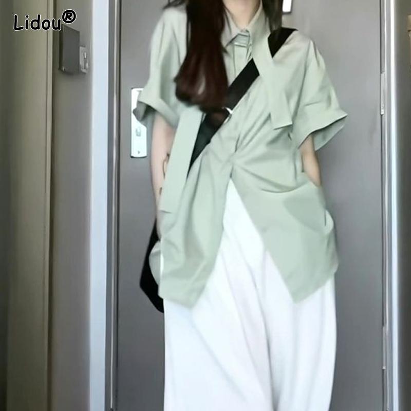 

Мода Уличная одежда Тонкий Свободный Шнуровка Отложной воротник Короткий рукав Однотонные Блузки на пуговицах Тонкий Весна Лето Женская одежда 2023 S светло-зеленый