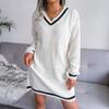 Women Fall Winter V Neck Long Sleeve Solid Color Sweater All Match Knit Dresses