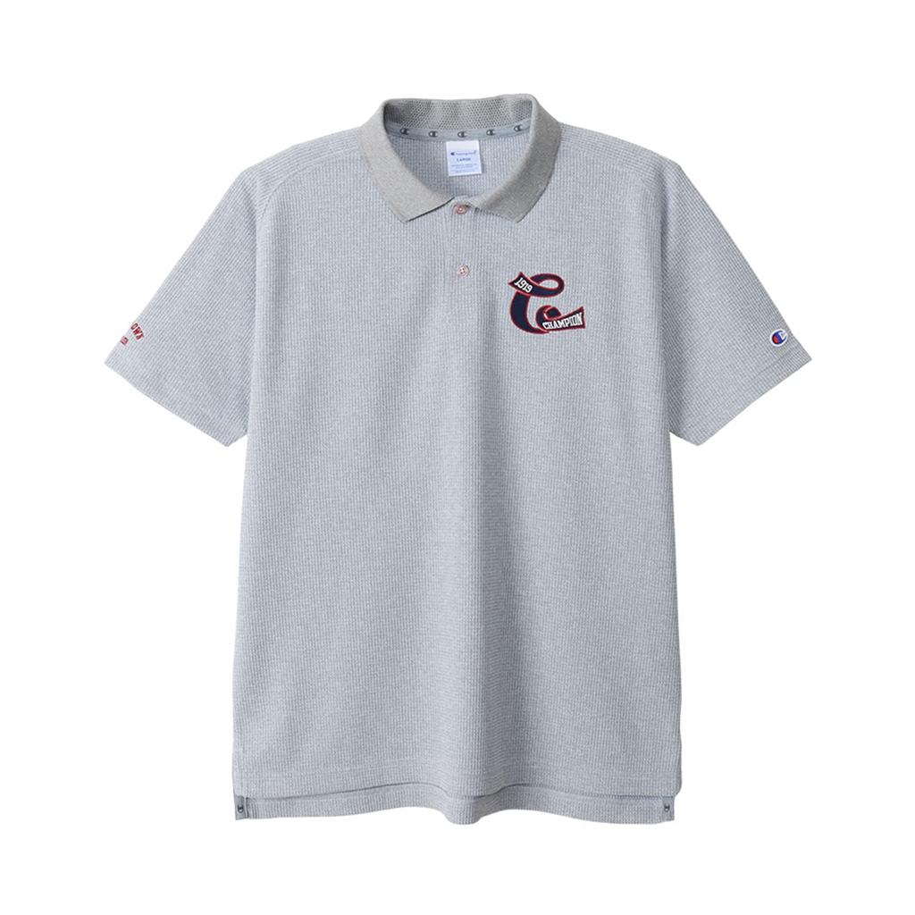 Champion Short Sleeve Polo Shirt with Script UV and Heat Oxford Size L Men's Quick-Drying Logo, Protection, Shielding, Gray, (C3-XG307)