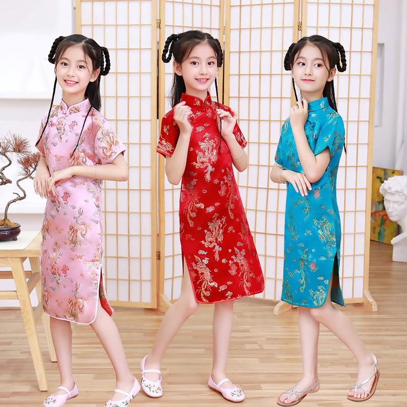 

Платье для девочек, парчовое платье Cheongsam с короткими рукавами для детей 3-10 лет