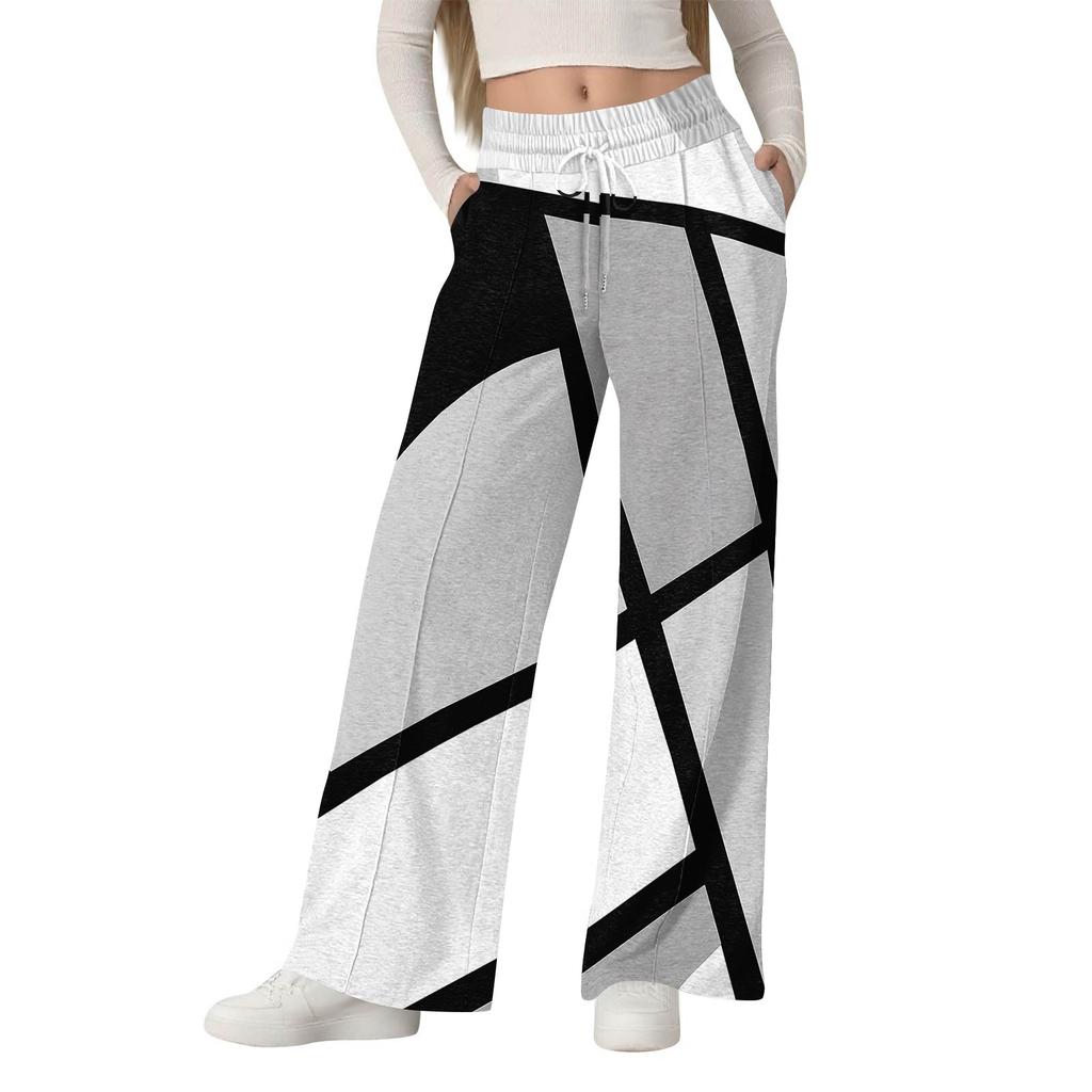 Dámské módní volné ležérní kalhoty se širokými nohavicemi, geometrický barevný blokový patchworkový potisk