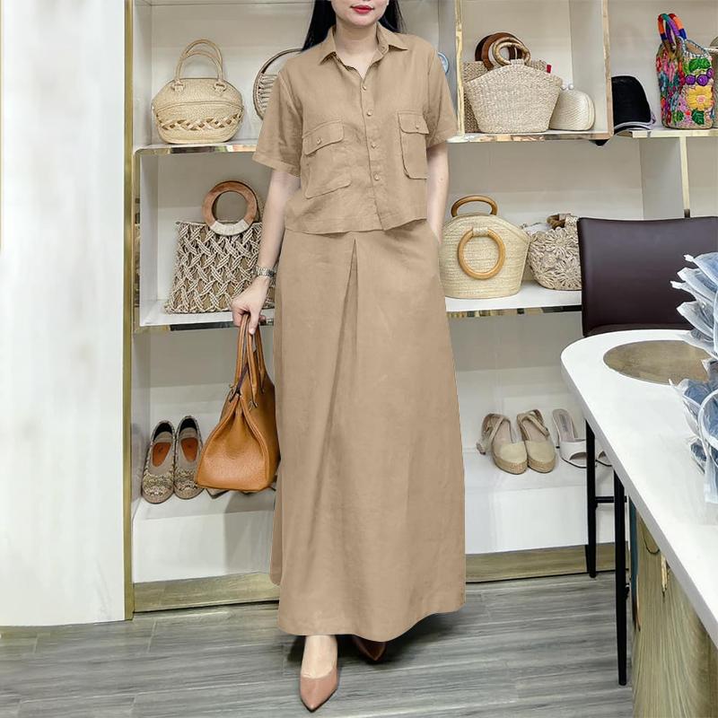 

ZANZEA Женская блузка с коротким рукавом и длинные юбки, повседневные комплекты из двух частей хаки