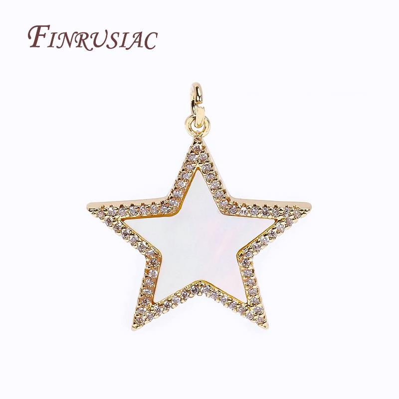 Trendige Messing mit Strasssteinen Stern/Rund Form Anhänger 18 Karat Vergoldet Inlay Natürliche Muscheln Anhänger DIY Schmuckherstellung Zubehör
