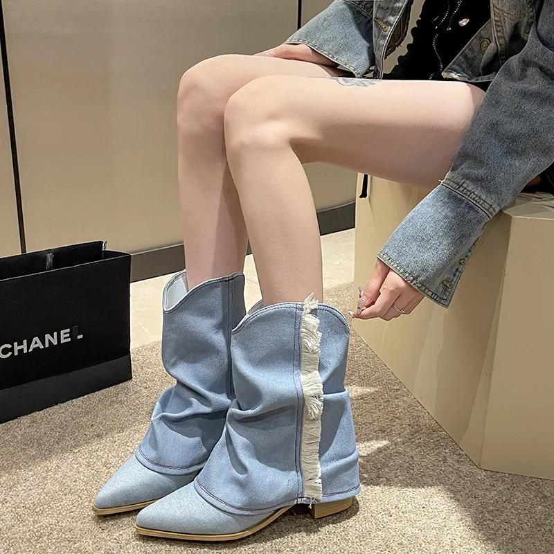Fashion Pleated Blue Denim Boots Fashionable Women's Chelsea Boots Autumn Winter Mid-heeled Boots 2025 New Women Shoes Botas Altas Mujer