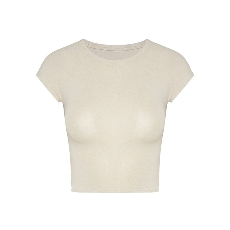 American Style Sexy Pure Desire Style round Neck Shoulder Short Sleeve T-shirt Female Summer Apricot Silm Slim Looking Short Midriff-Baring Top