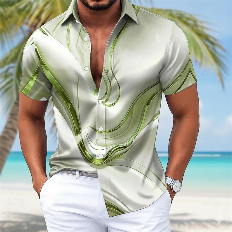 Men's color-blocked shirt, 3D digital print short-sleeved shirt, loose fit for summer, comfortable beach vacation casual shirt.