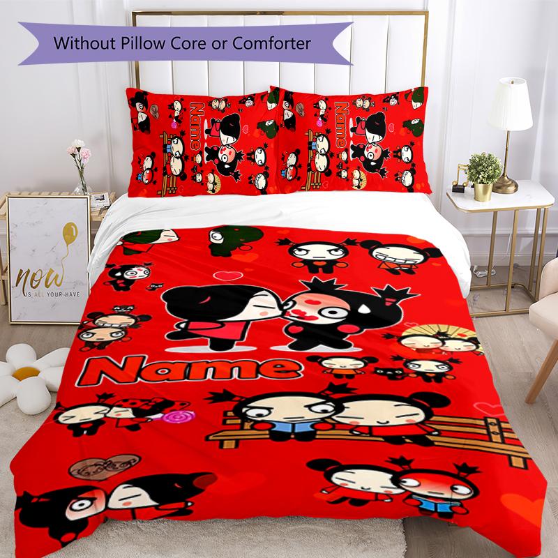 3pcs Custom Name Pucca Bedding Set Duvet Cover Closure Includes 1 Duvet Cover & 2 Pillowcases for All Seasons Bedroom Decor