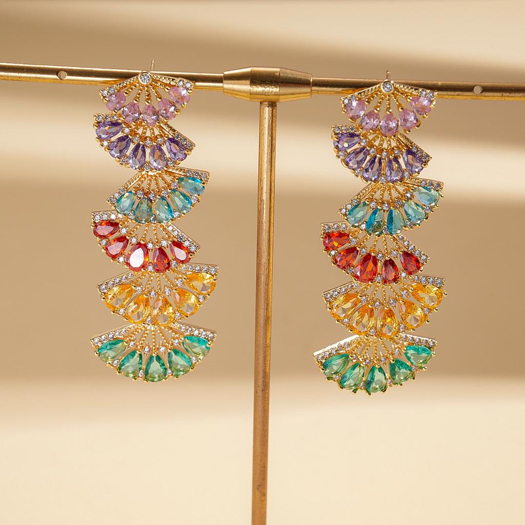 Wind zircon geometric fan-shaped colored silver needle earrings retro court style exquisite earrings