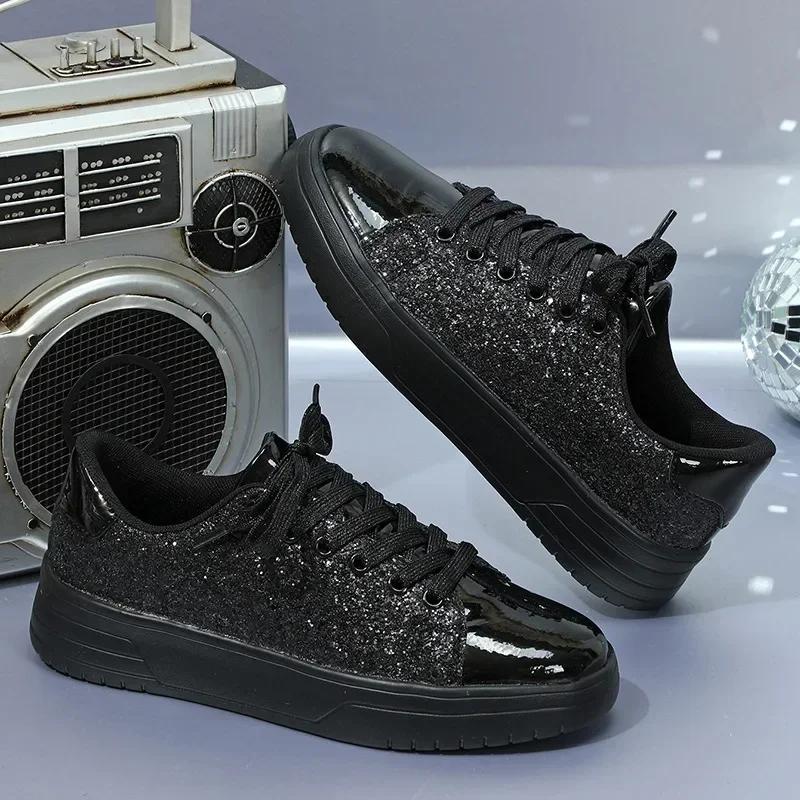 Fashion Women's Sequins Sneakers Fashion Korean Style Lace Up Flat Shoes Thick Anti-slip Couple Shoes Casual Trainers Chaussure Femmes