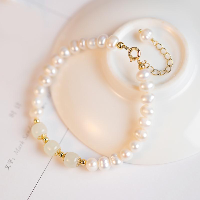 

Natural Freshwater Pearl Bracelet Natural Three Hetian Jade Hand Jewelry Girls Niche Design Sense Girlfriends Gift