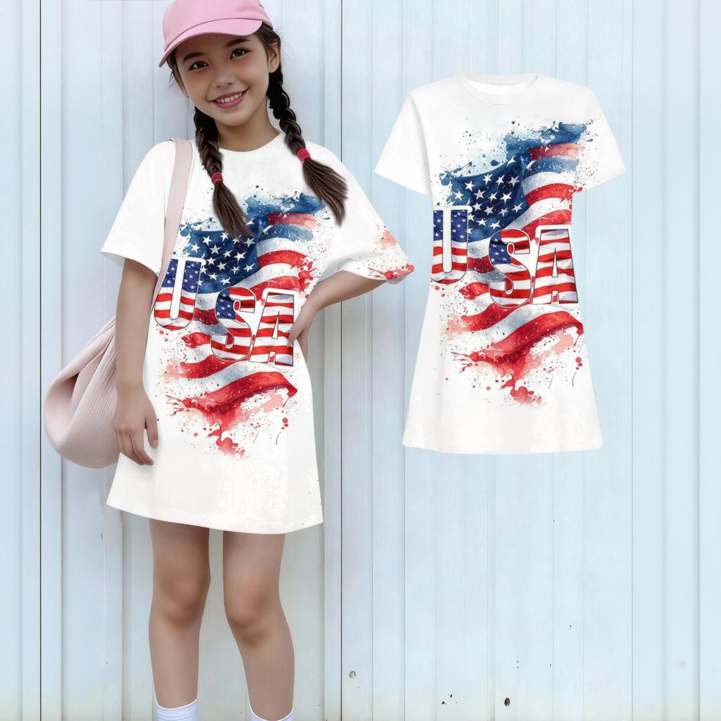 Girls Independence Day Print Casual Dress Kids Loose Round Neck Short Sleeve Thin Sundress