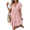 Summer Womens Short Sleeve Cotton Linen Mini Dress Ladies Pleated Ruffle Solid Dresses Casual V Neck Vintage Loose Vestidos