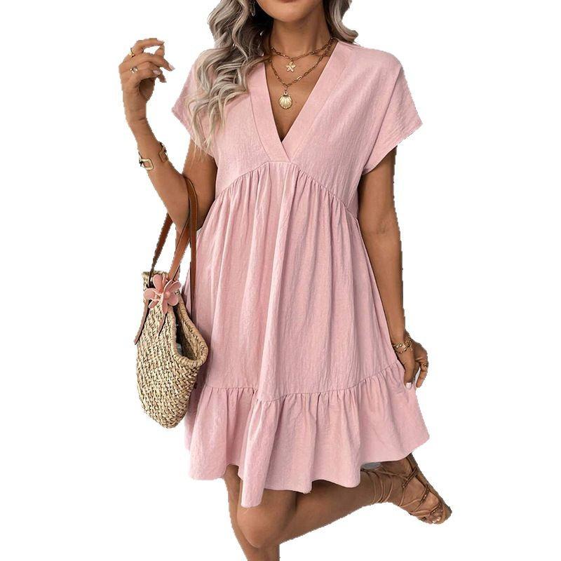 Summer Womens Short Sleeve Cotton Linen Mini Dress Ladies Pleated Ruffle Solid Dresses Casual V Neck Vintage Loose Vestidos
