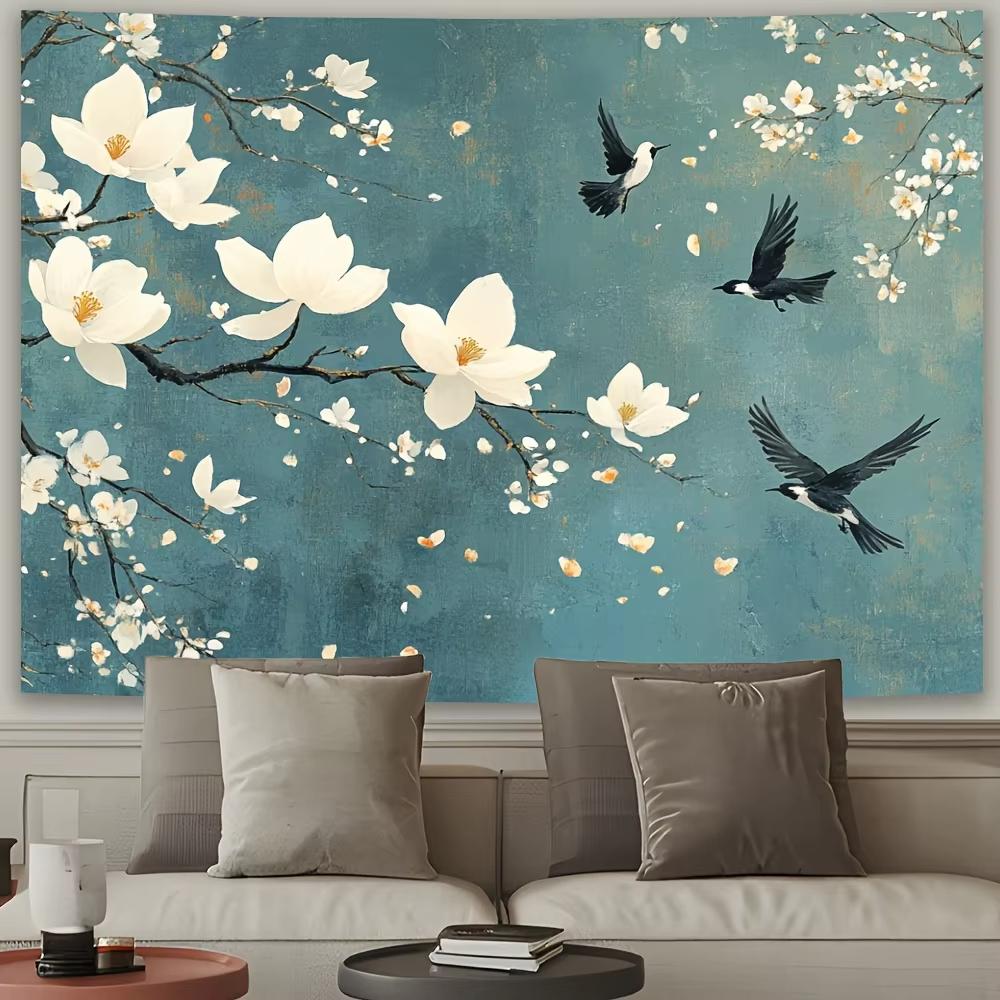 Elegant Magnolia Tapestry Serene White Flowers Blue Background Wall Hanging for Living Room Bedroom Office Decor