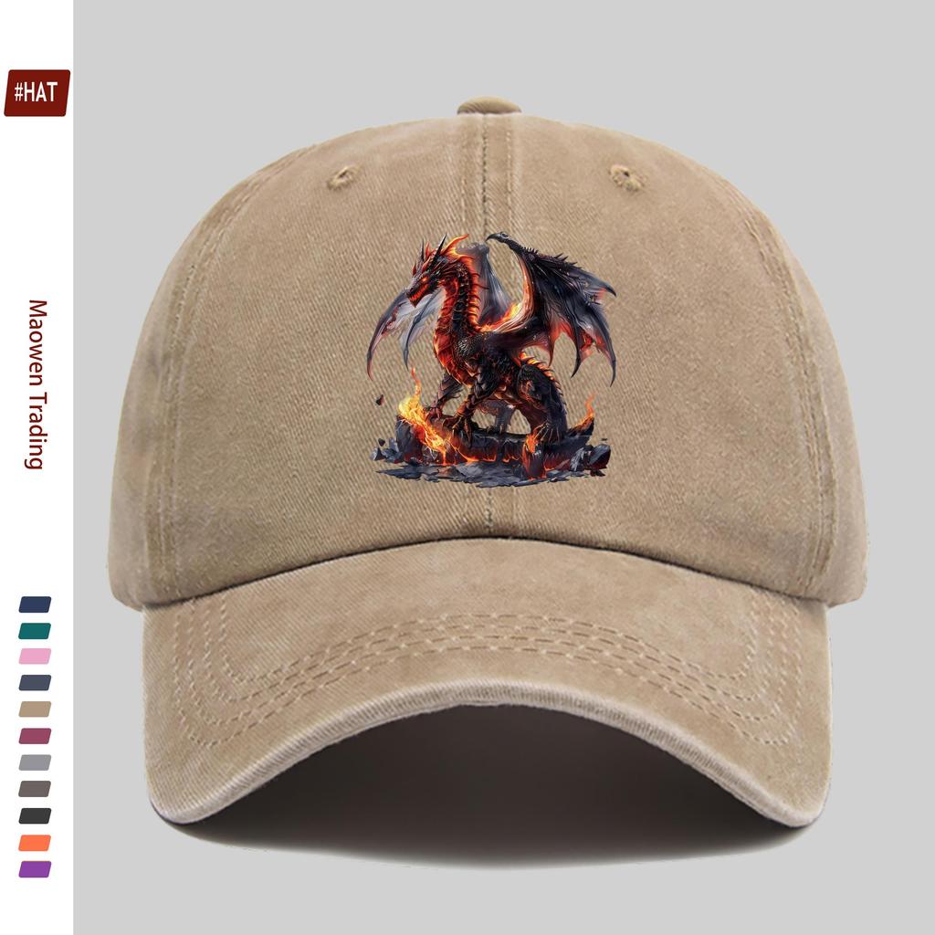 Pc Baseball Cap with Red Dragon Standing On Flaming Rock Pattern Print Fashionable Casual Fire Dragon Print Design Golf Cap H