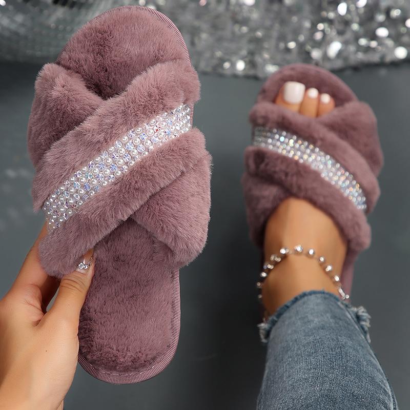 Fashion Pearl Crystal Decor Fluffy Slippers for Women Winter Plush Cross Strap Warm House Slippers Woman Open Toe Comfy Faux Fur Slides