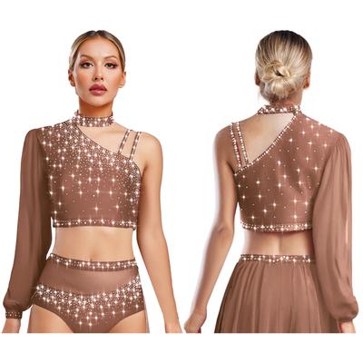 Dames Lyrisch Dans Top Asymmetrisch Transparant Mesh Lange Mouw Glanzende Kleurrijke Strass Crop Top