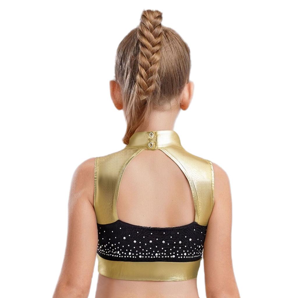 Dívčí taneční crop top s falešným rolákem, bez rukávů, s výřezem na zádech, lesklými kamínky, barevným blokováním, na vystoupení