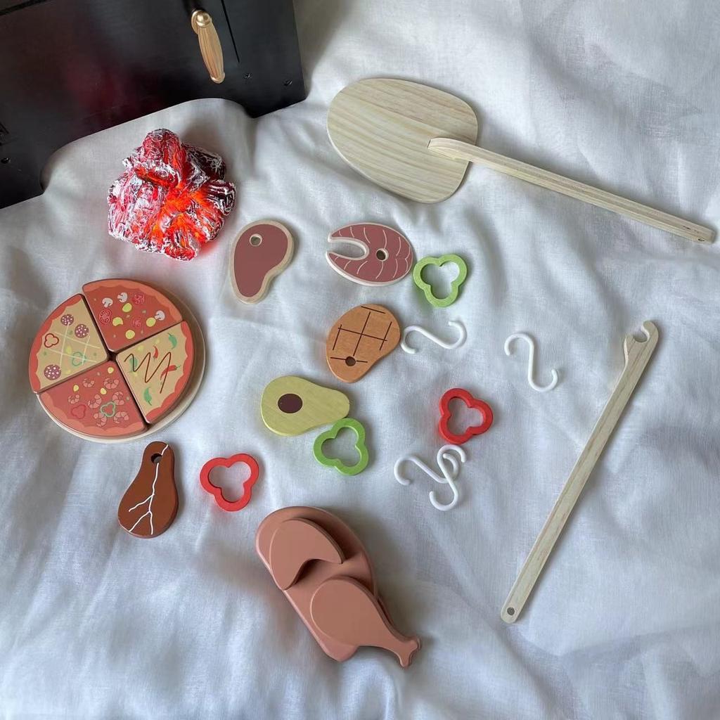 Kids Wooden Playhouse Ins Charcoal Fire Grill BBQ Grill Pizza Skewers Chop Le Bonfire Kitchen Toys