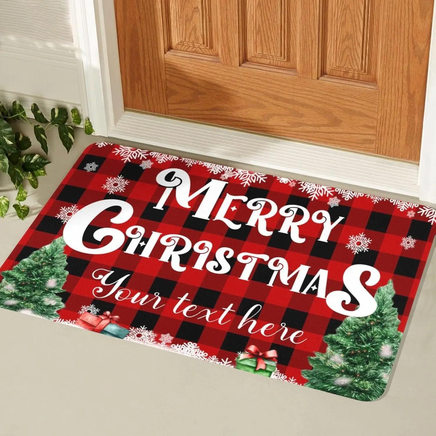 

Red Christmas Floor Mat Flannel Winter Family Christmas Decorative Indoor Outdoor Welcome Mat Kitchen Bedding Carpet 30x50cm