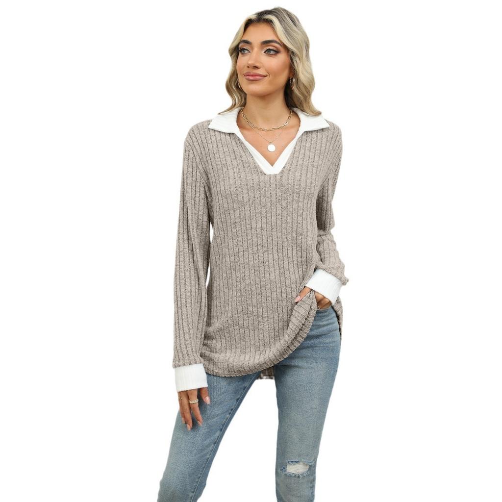 Fall Winter New Women's Colorblock Collared Long Sleeve Loose T-shirt Top Casual Daily Wear