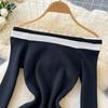 Sexy Slash Neck Elegant Striped Basics Long Sleeve Chic Button Slim Knit Dress Women Korean Fashion High Street Evening Clothing