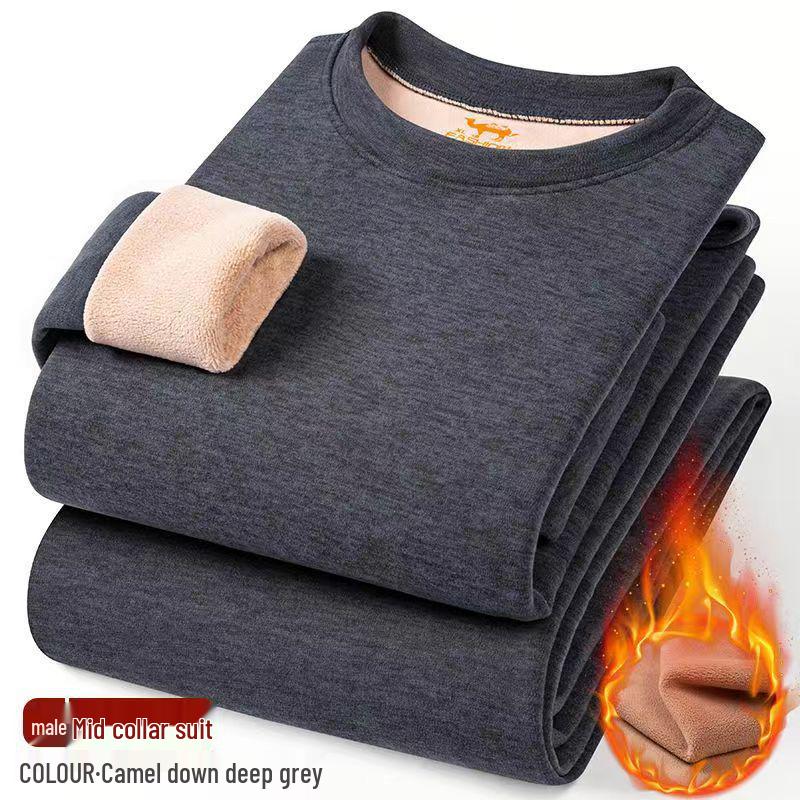 Camel Wool Fleece-Lined Underwear Set: Thick, Warm Base Layer for Women - Ideal for Autumn and Winter.