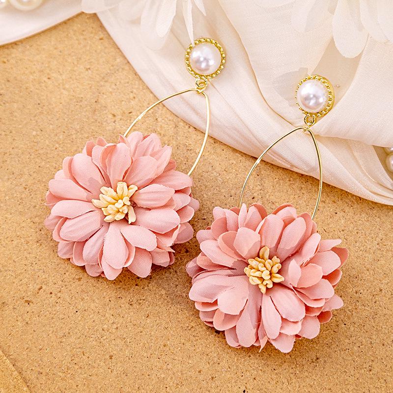 Pink Lace Floral Tassel Pearl Earrings - Elegant Summer Mesh Design