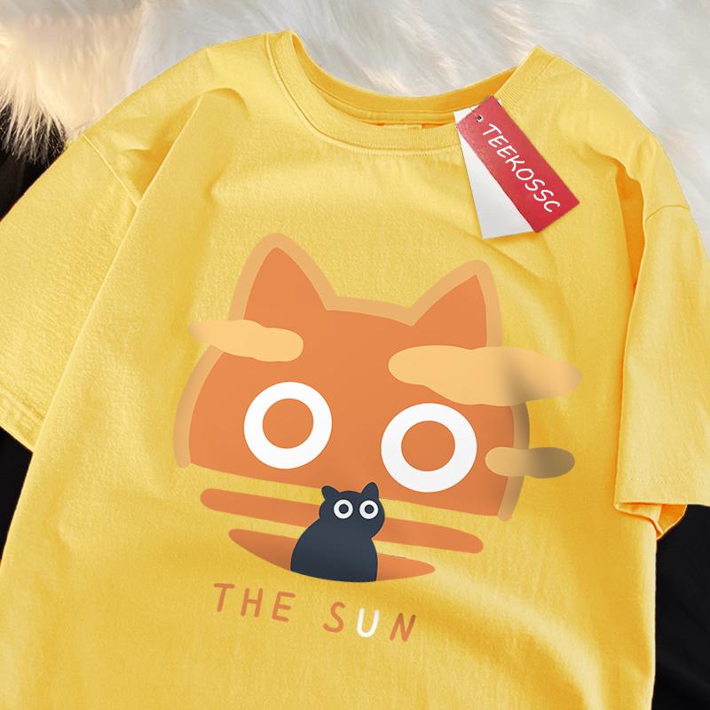 The Sun Orange Cat Fun Japanese Style Male Cotton O-Neck T-Shirt Summer Loose Oversize Clothes High Quality Brand Short Sleeve