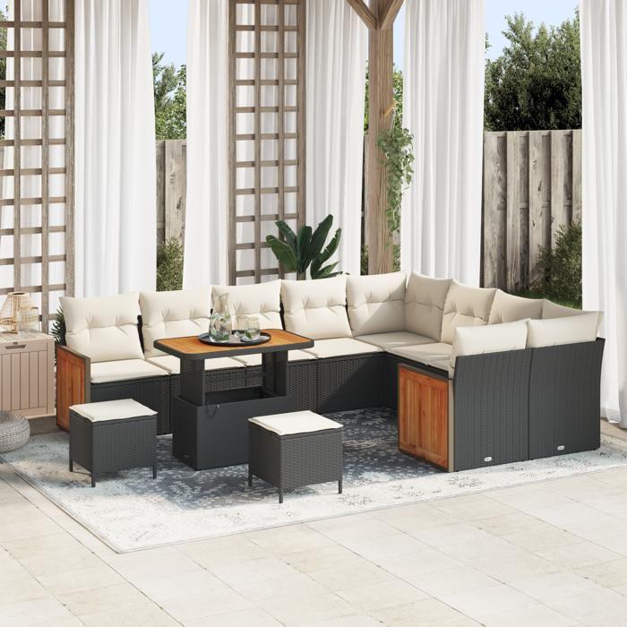Ensemble de Canapés de Jardin 12 Pièces avec Coussins Noir Poly Rattan Acacia, Ensemble de Salle à Manger de Jardin 3 Pièces 3363345