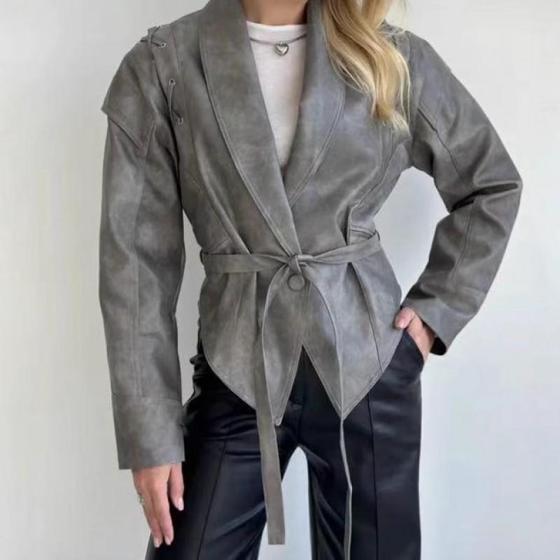 Womens Street Style Faux Leather Jacket With Notched Collar Tie PU Material Regular Fit Fashion Outerwear