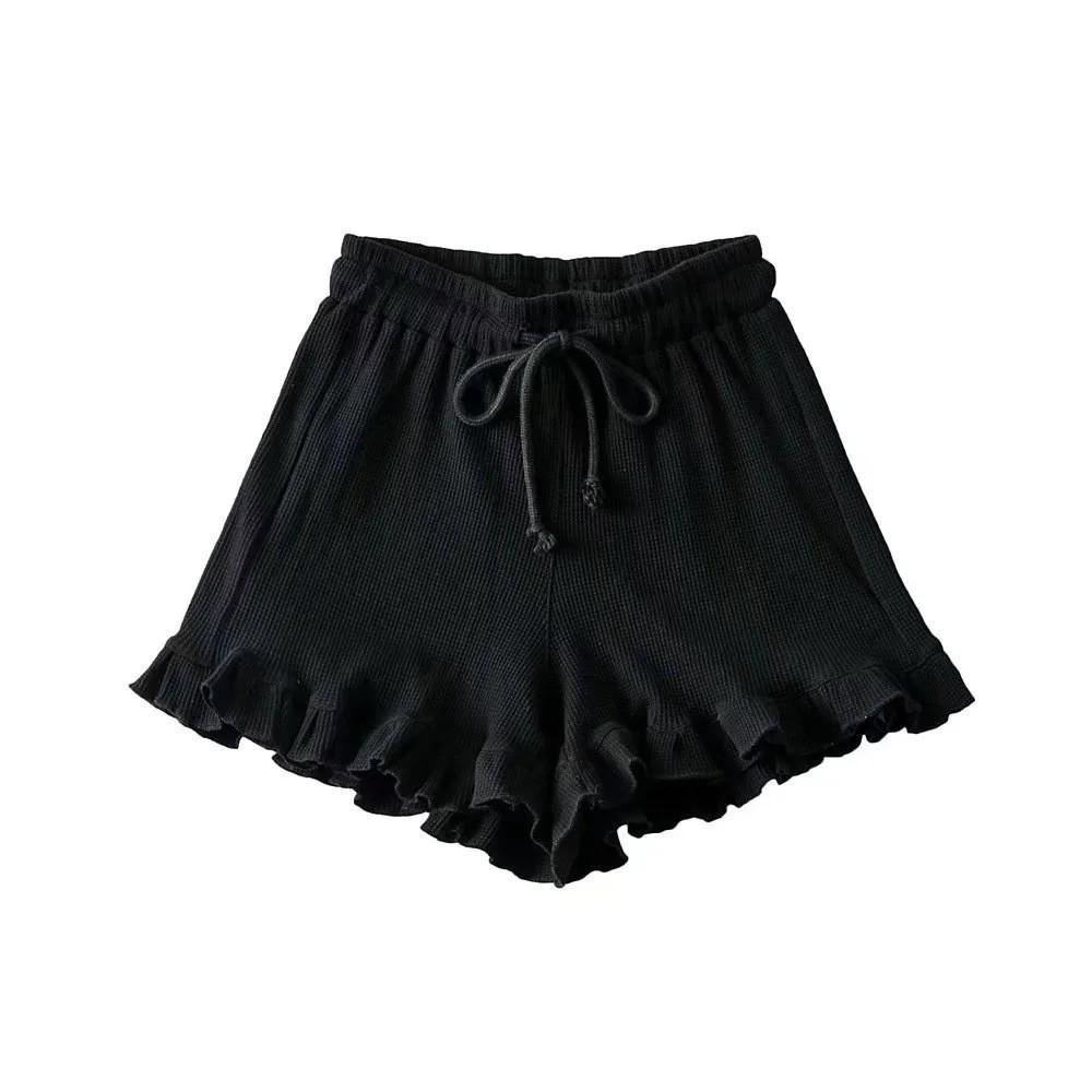 Women's Summer Lace Waffle Shorts: Elastic Waist, Lace-up, Ruffle Edge, Versatile Casual Sports Hot Pants